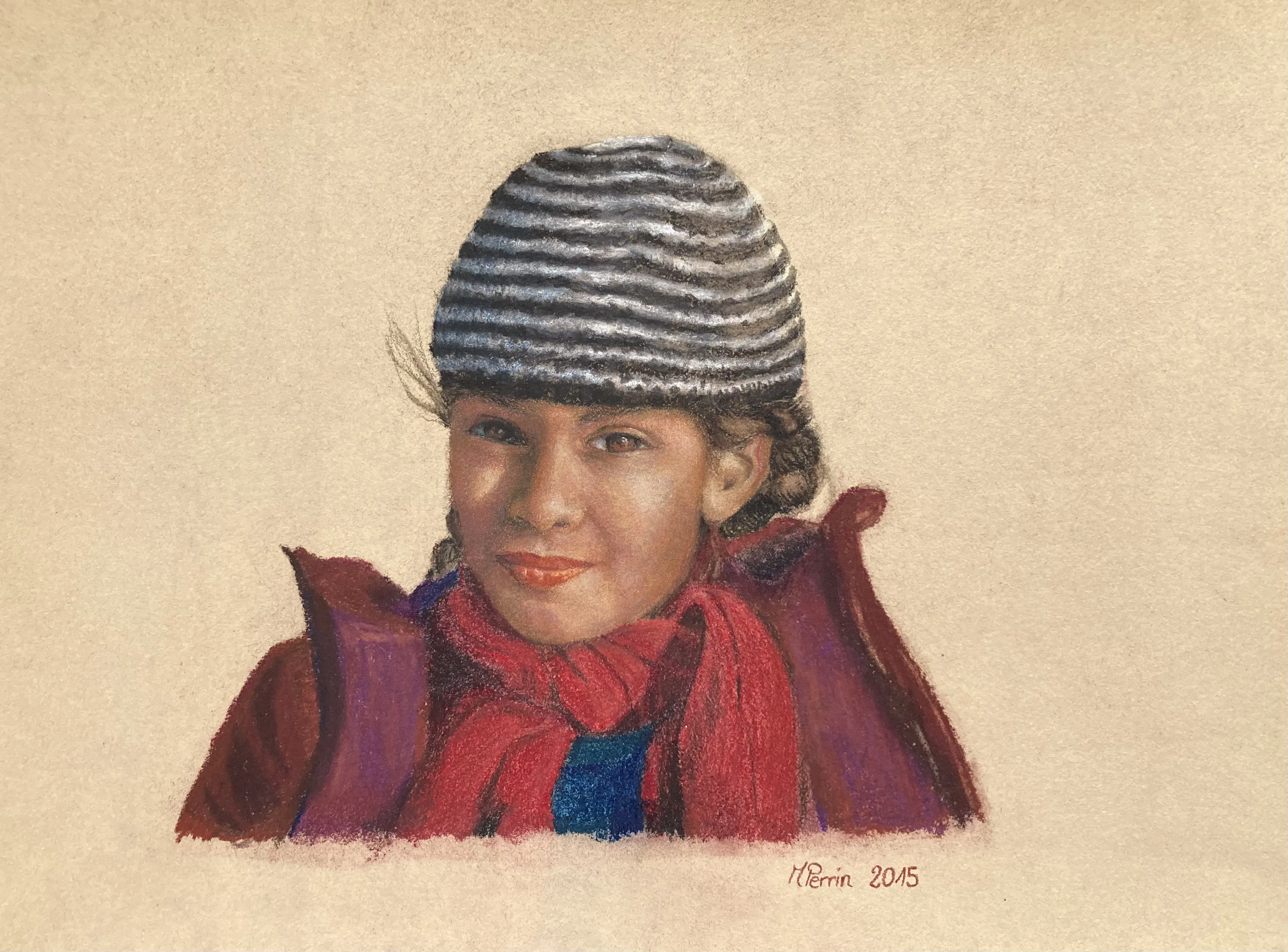 Portrait d'une fille en vêtements d'hivers, pastel sur papier