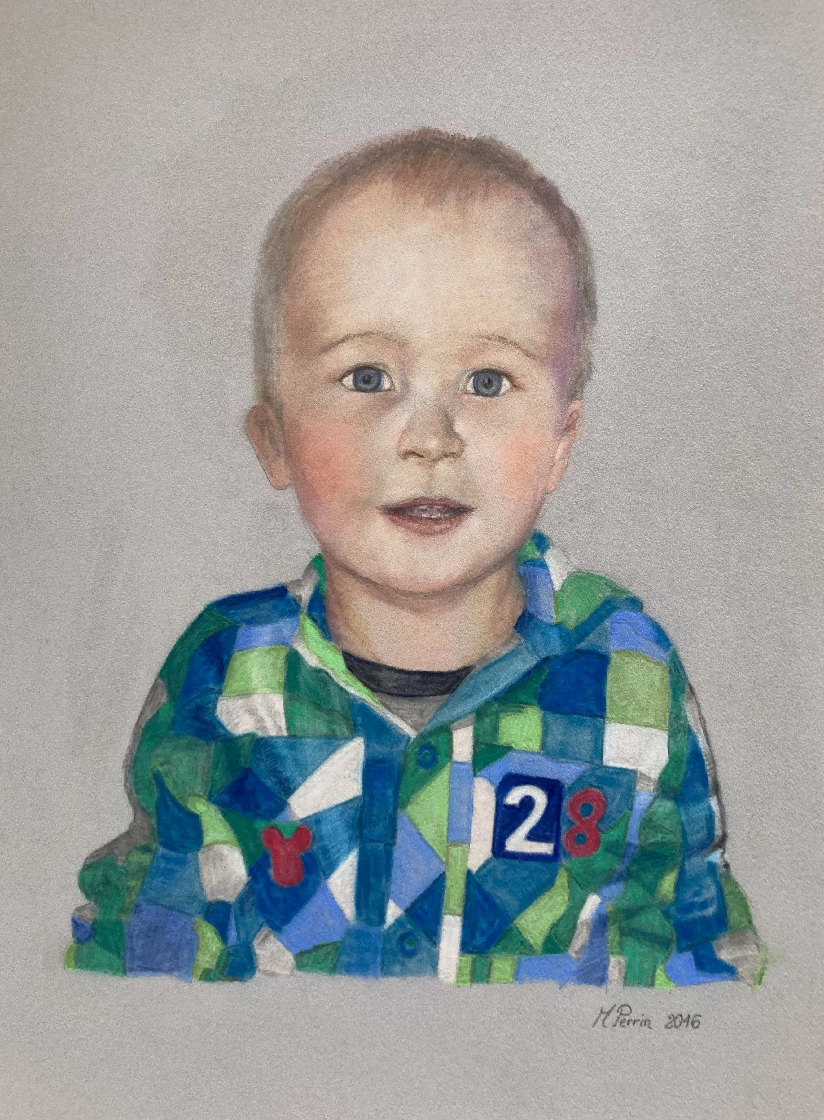 Portrait d'un garçon en chemise à carreaux, pastel sur papier