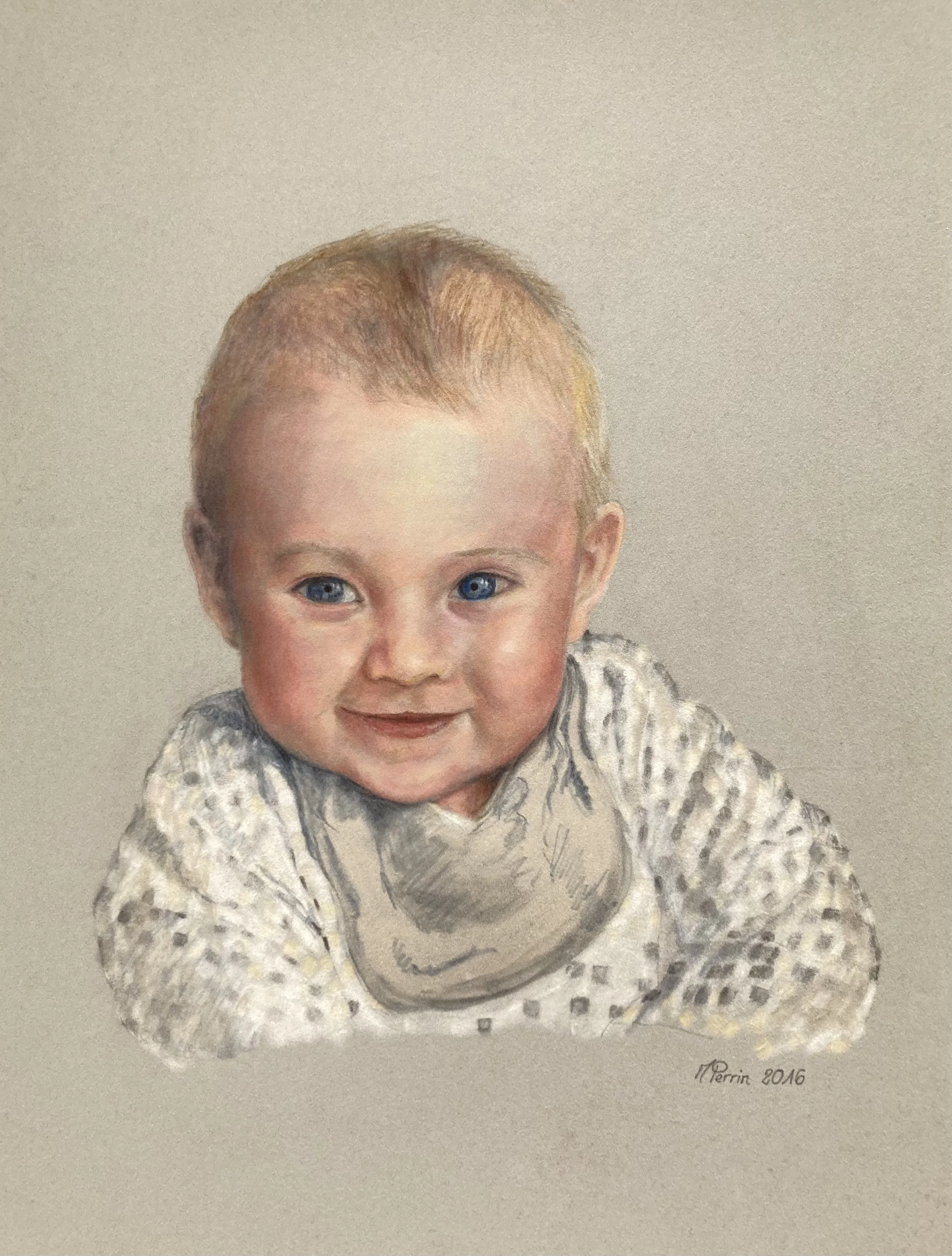 Portrait d'un bébé souriant, pastel sur papier