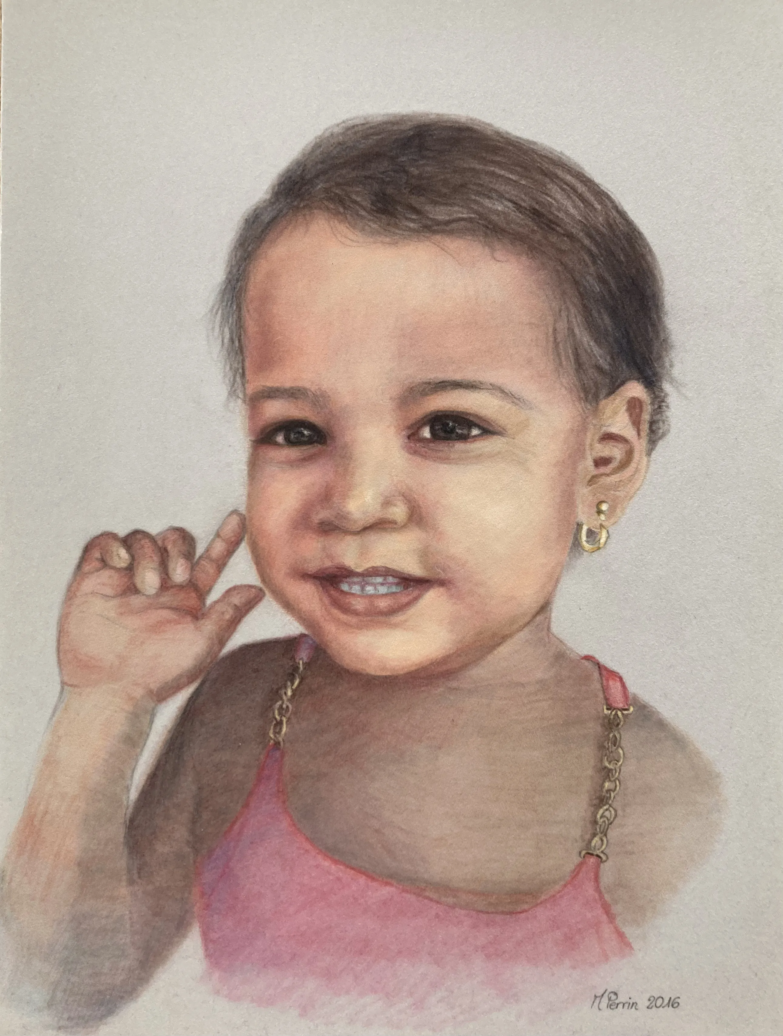 Portrait d'une petite fille souriante, pastel sur papier