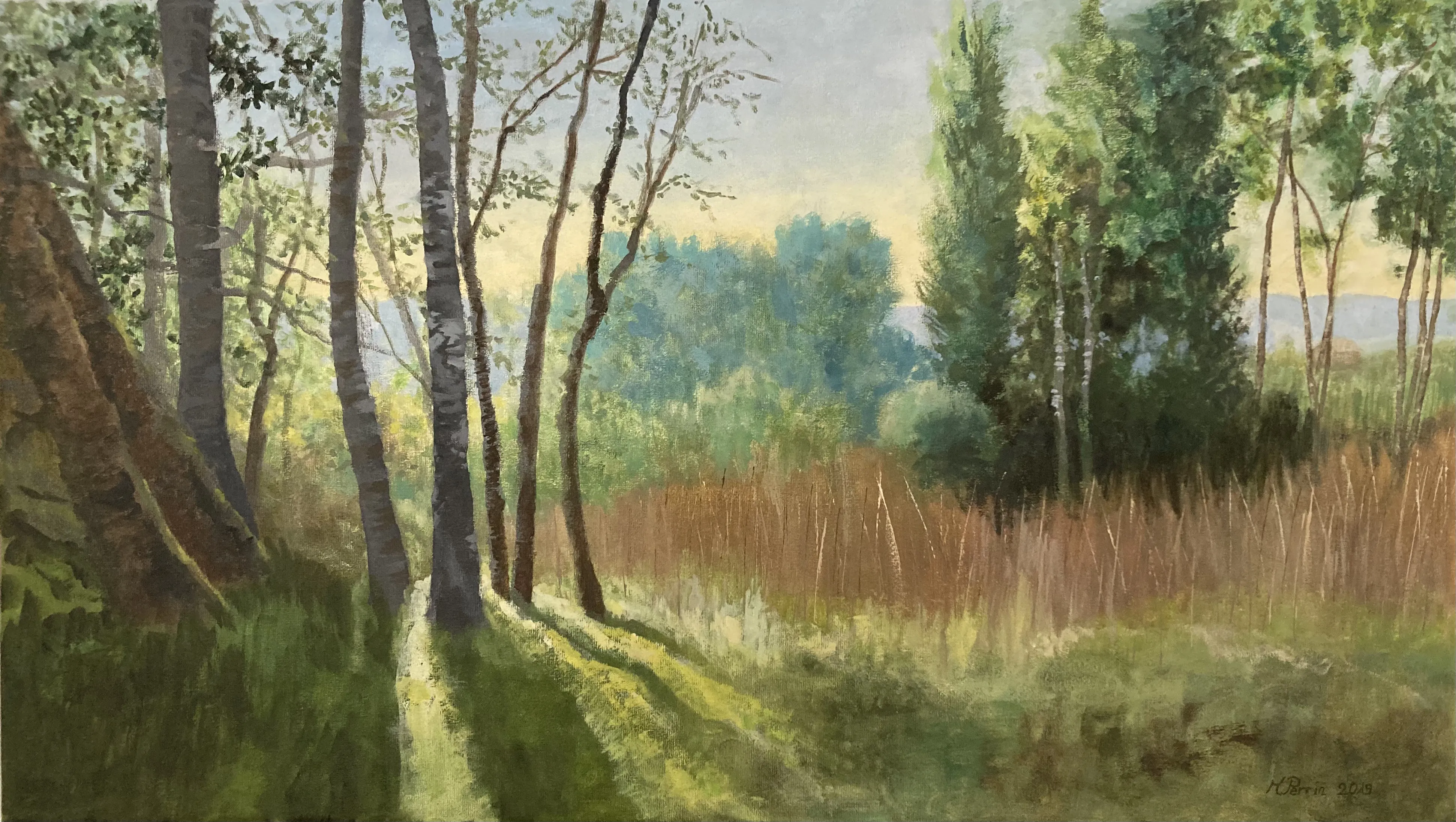 Peinture à l'huile représentant la réserve naturelle des Mosses à la Rogivue, canton de Vaud